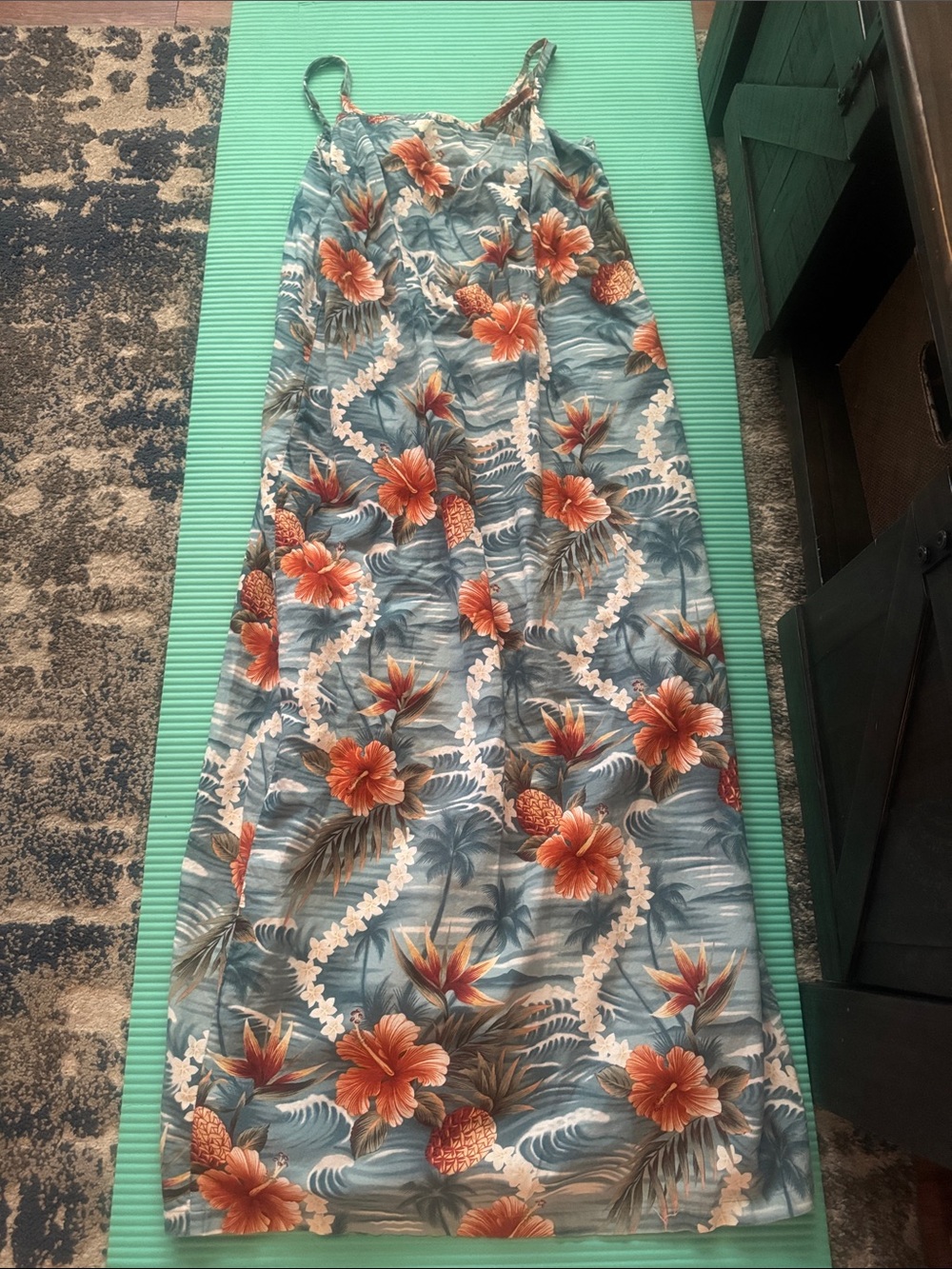 Tropical Floral Maxi Sundress - Blue with Orange Hibiscus